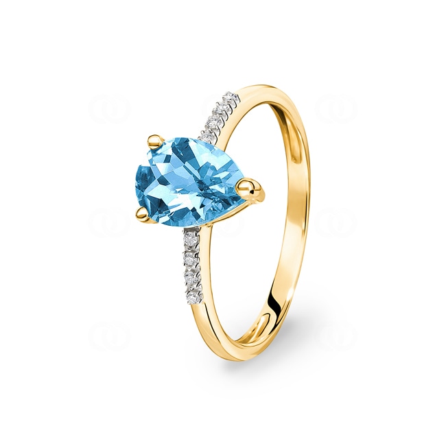 Damenring 750/18 K Gelbgold mit Blautopas Tropfen und Diamanten 0.02 ct H/si - RI-48517-TOP-GG
