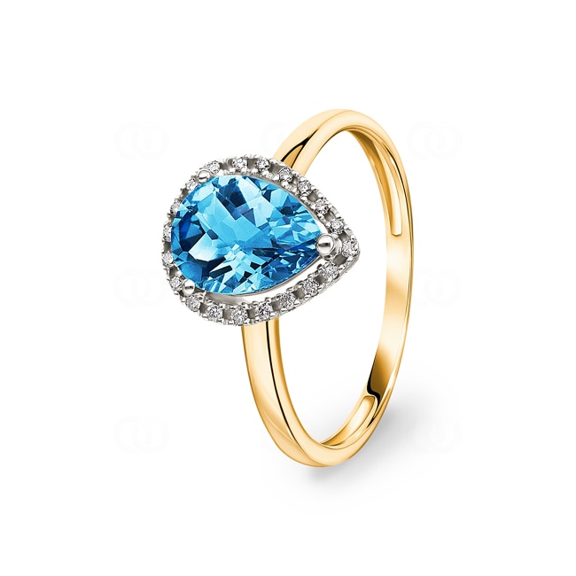Damenring 750/18 K Gelbgold mit Blautopas Tropfen und Diamanten 0.06 ct H/si - RI-47261-TOP-GG