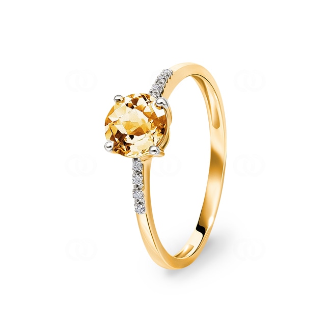 Bague or jaune 750/18 ct avec citrine ronde et diamants 0.02 ct H/si - RI-48521-CIT-GG