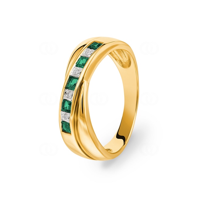 Bague or jaune 750/18 ct avec diamants 0.02 ct H/Si et émeraudes Ø 56 - PR1496-4-56