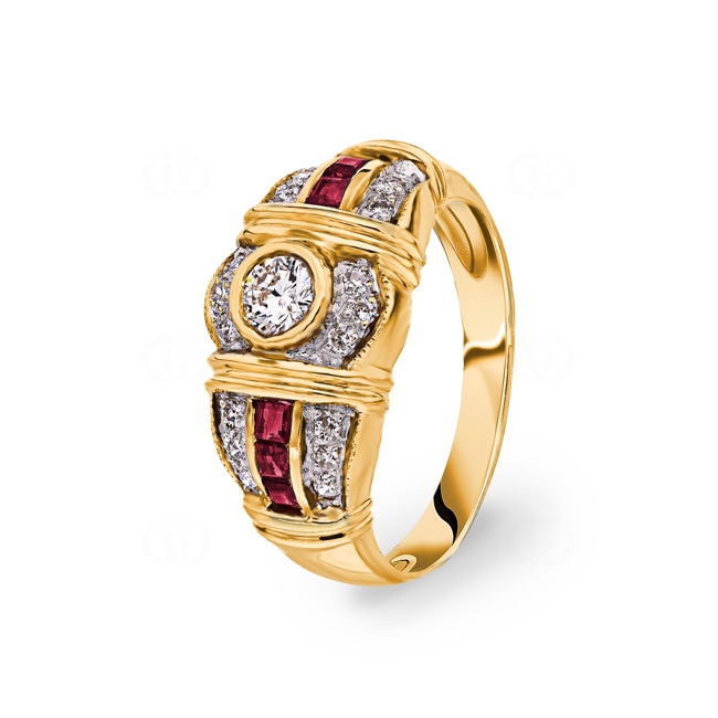 Bague or jaune 750/18 ct avec rubis & diamants 0.18 ct H/si Ø 53 - 15194
