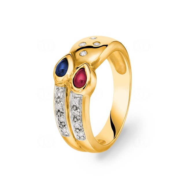 Ring 750/18 K Yellow Gold with Sapphire Ruby & Diamonds 0.12 ct H/Si Ø 57 - 10844