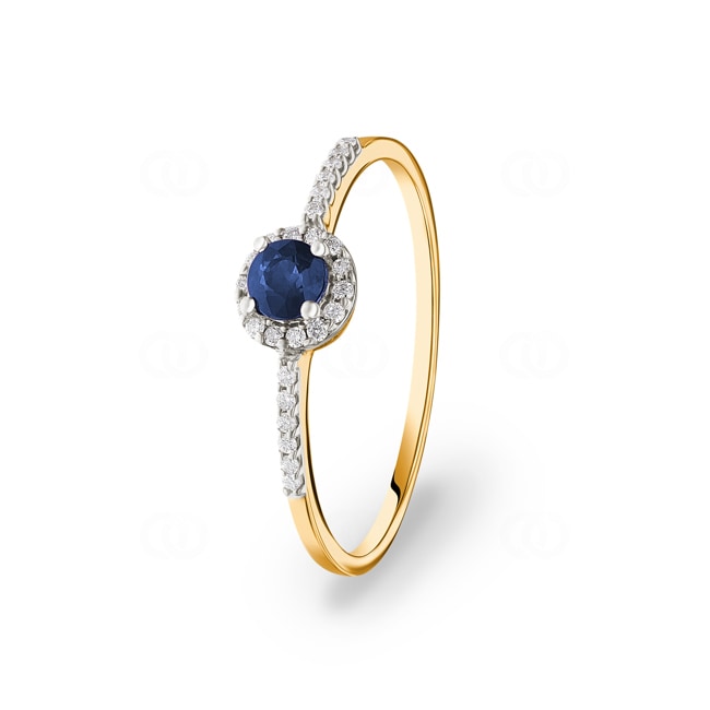 Ring 750/18 K Yellow Gold with round Sapphire and Diamonds 0.07 ct H/si - RI-46604-SAF-GG