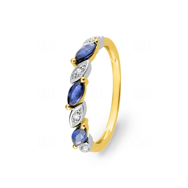 Bague or jaune 750/18 ct avec saphirs marquise et diamants 0.03ct. - MBA10BSB4