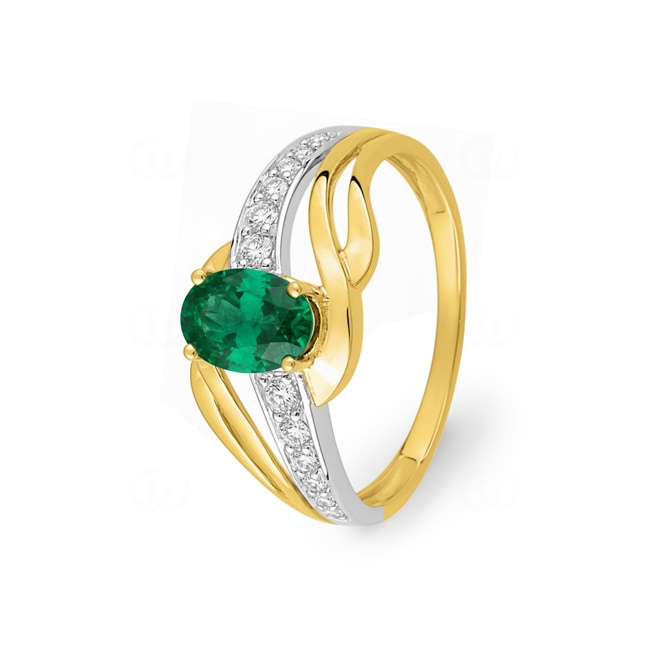 Damenring 750/18 K Gelbgold mit Smaragd oval und Zirkonia - 08PE60BEZ