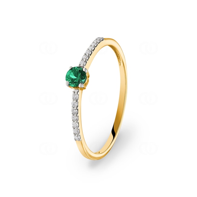Ring 750/18 K Yellow Gold with round Emerald & Diamonds 0.07 ct H/si - RI-46616-SMA-GG
