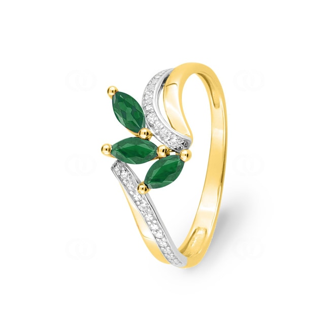 Bague or jaune 750/18 ct avec émeraudes marquise et diamants 0.02ct. - MN007BEB4