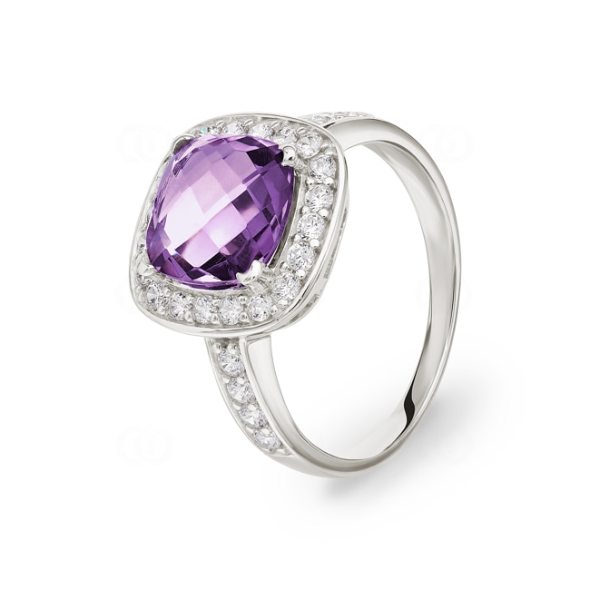 Bague or gris 750/18 ct avec améthyste coussin et zircones Bague or gris 750/18 ct avec améthyste coussin et zircones - 08FP75GAZ