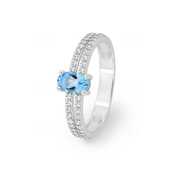 Bague or gris 750/18 ct avec topaze bleue ovale et zircones - 1.7565.T1