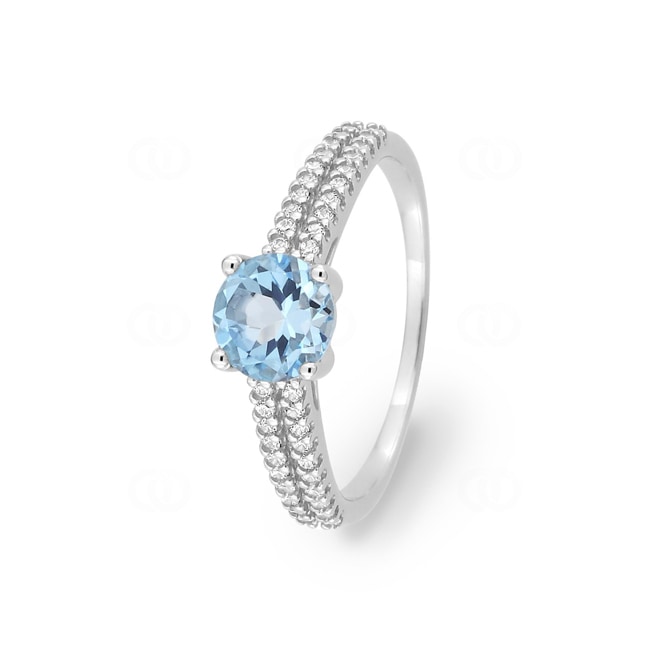 Bague or gris 750/18 ct avec topaze bleue ronde et zircones - 1.3090.T1