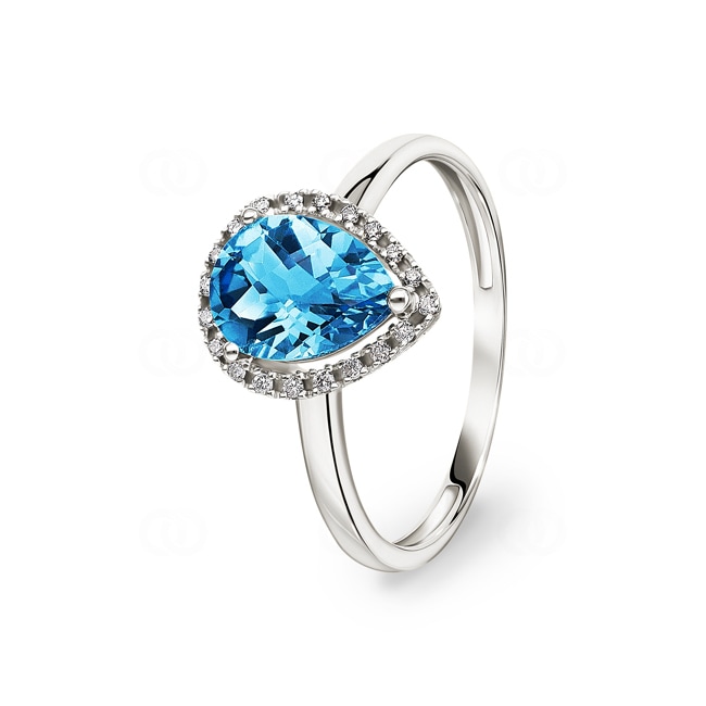 Damenring 750/18 K Weissgold mit Blautopas Tropfen und Diamanten 0.06 ct H/si - RI-47261-TOP-WG