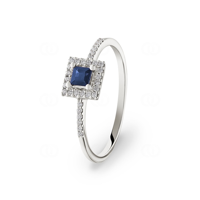 Ring 750/18 K White Gold with Sapphire and Diamonds 0.09 ct H/si - RI-46607-SAF-WG