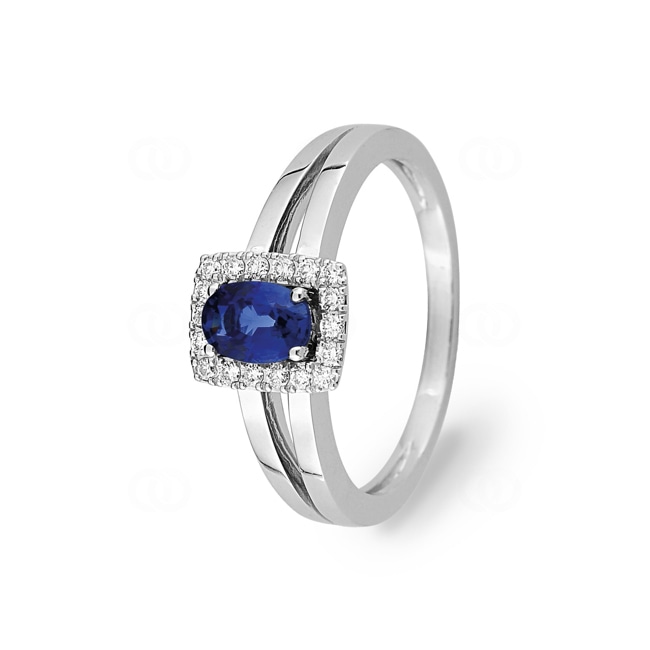 Damenring 750/18 K Weissgold mit Saphir oval & Diamanten 0.13 ct. - 1.7210.S1