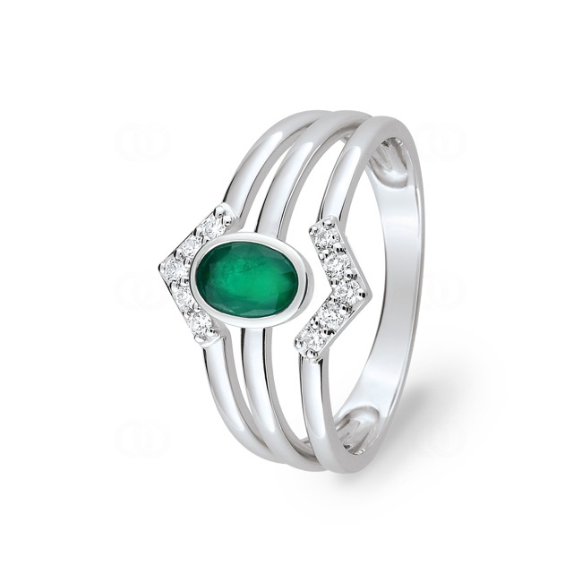 Bague or gris 750/18 ct avec emeraude ovale & diamants 0.13ct. - 1.7166.E1