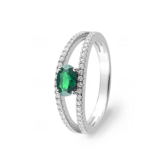 Damenring 750/18 K Weissgold mit Smaragd oval & Diamanten 0.22ct. - 1.7169.E1