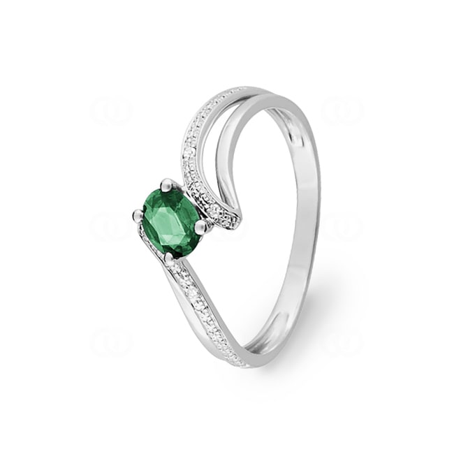 Damenring 750/18 K Weissgold mit Smaragd oval und Diamanten 0.01ct. - MN008GEB4
