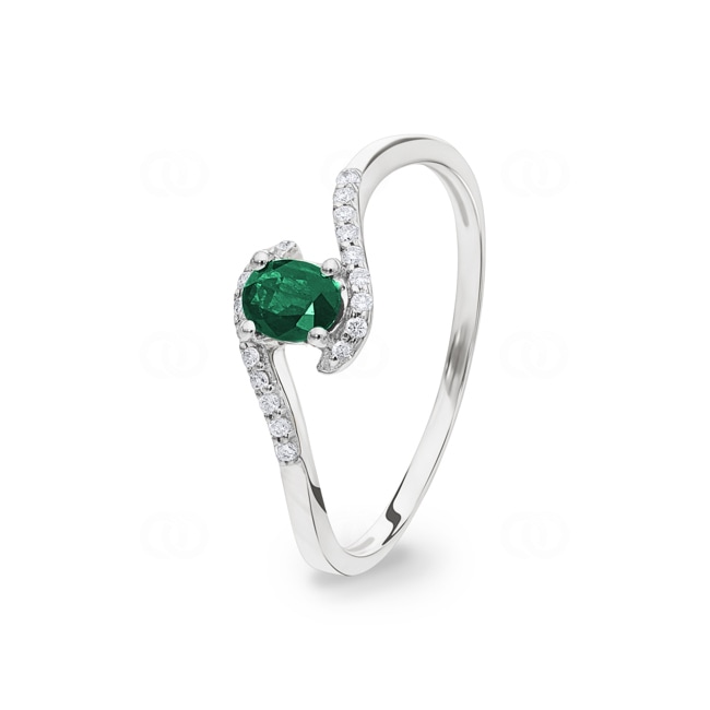 Ring 750/18 K White Gold with oval Emerald and Diamonds 0.07 ct H/si - RI-52381-SMA-WG