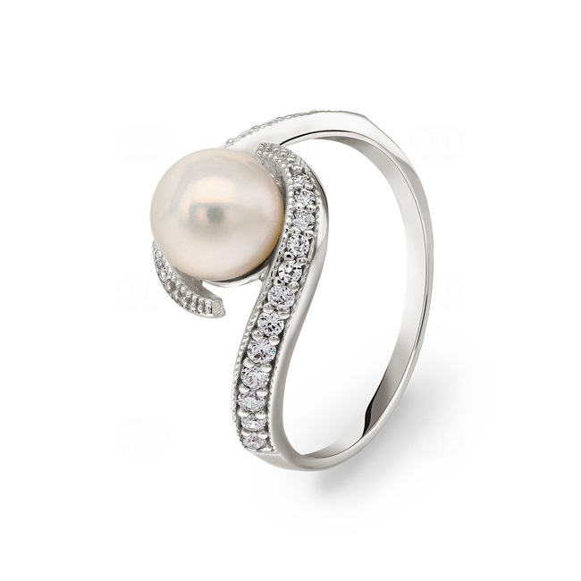 Bague or gris 750/18 K avec perle de culture d'eau douce et zircones  Ø 53 - RR1328-02-53