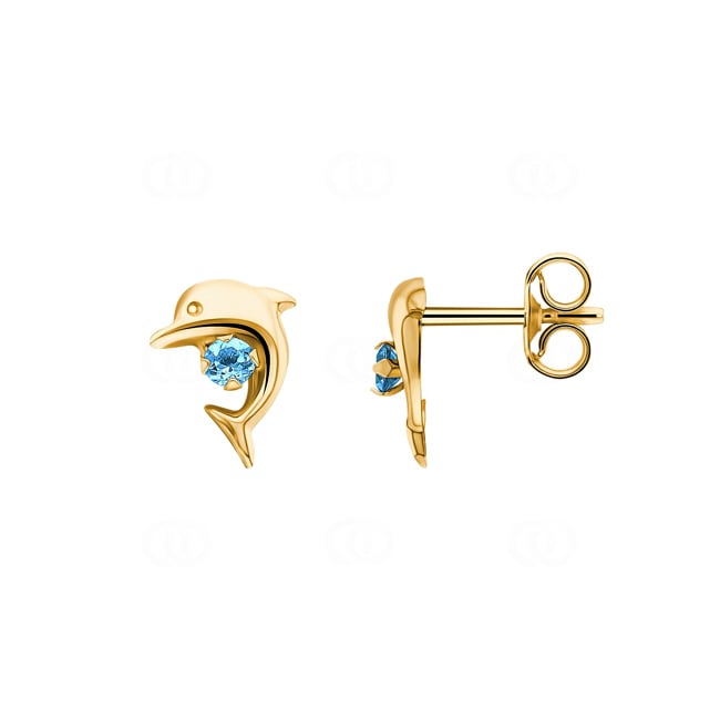 Delfin Ohrstecker 375/9 K Gelbgold mit Blautopasen - 9K8347T