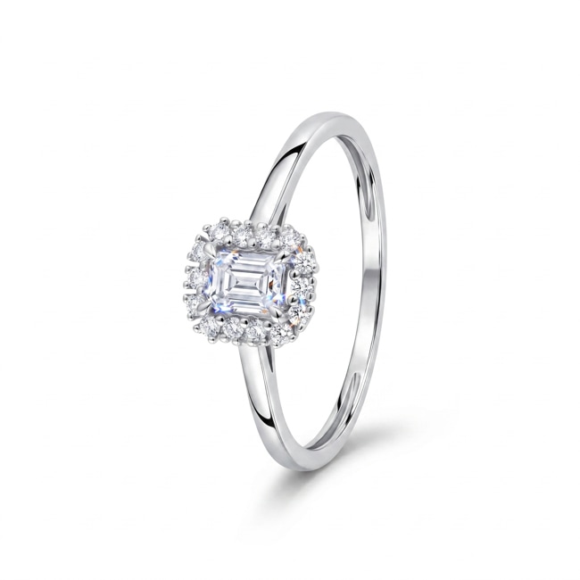 Bague halo émeraude or gris 375/9 ct avec diamants de laboratoire 0.36 ct - 9KLGD159W