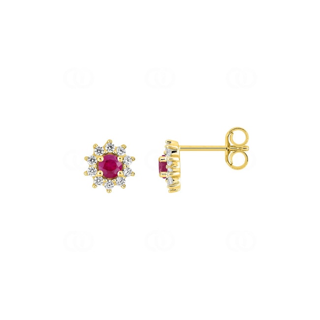 Clous d'oreilles entourage or jaune 750/18 ct avec rubis ronds & diamants 0.20 ct - 2.7433.R0