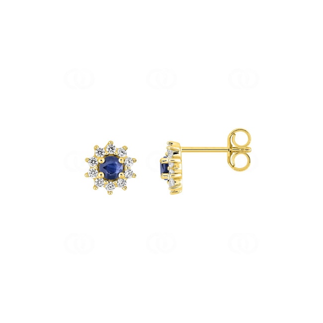Clous d'oreilles entourage or jaune 750/18 ct avec saphirs ronds & diamants 0.20 ct - 2.7433.S0