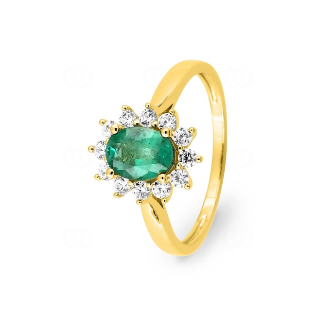 Bague entourage or jaune 750/18 ct avec émeraude & diamants 0.36 ct - 1.7652.E0