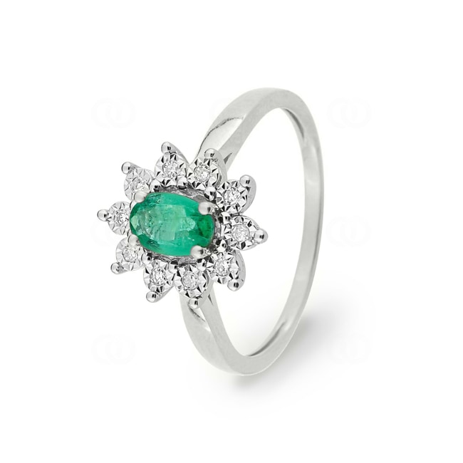 Entourage Ring 750/18 K White Gold with Emerald and Diamonds 0.06ct. - KK003GEB5