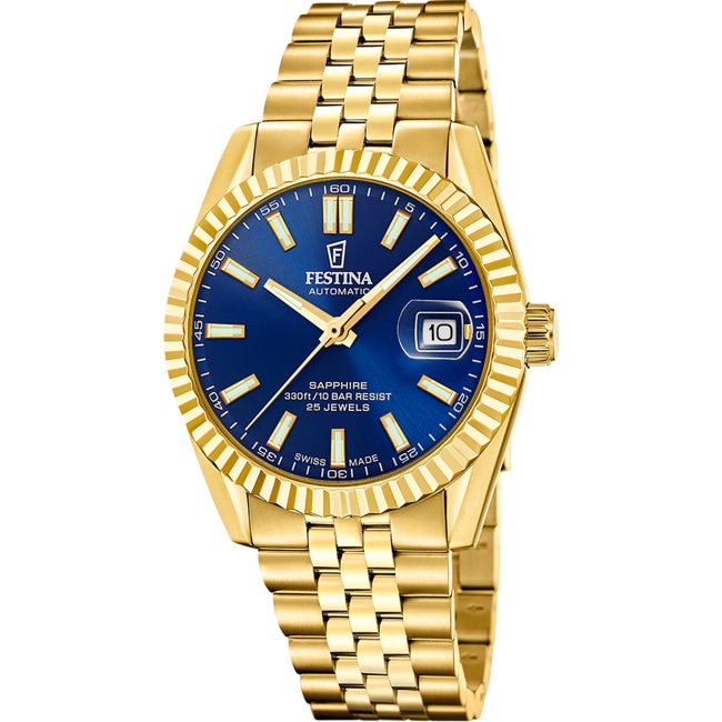 Festina Swiss Classic Steel Automatique Date Doré / Bleu - F20092/3