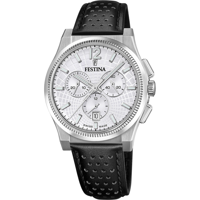 Festina Swiss Rivé Chrono 42 Leder Schwarz / Silbrig & Weiss - F20060/1