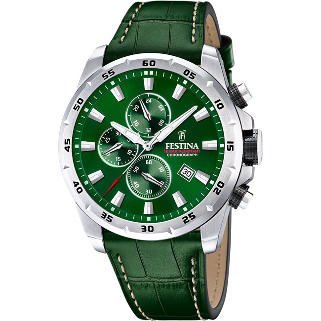 Festina Timeless Chrono en cuir Vert / Argenté 45mm - F20692/3