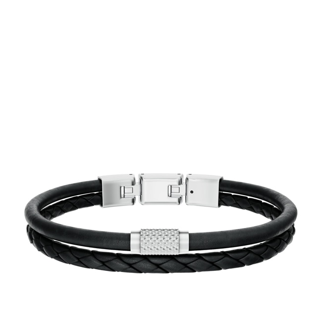 Fossil Machine Knurled Texture Black Leather Multi-Strand Bracelet - JF04989040