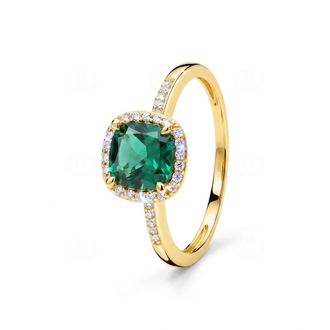 Bague halo or jaune 375/9 ct avec émeraude et diamants de laboratoire 0.12 ct - 9KLGE115Y