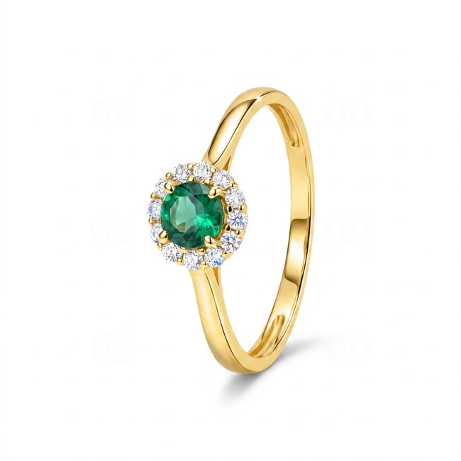 Halo Ring 375/9 K Gelbgold mit Lab Grown Smaragd & Diamanten 0.13 ct - 9KLGE106Y