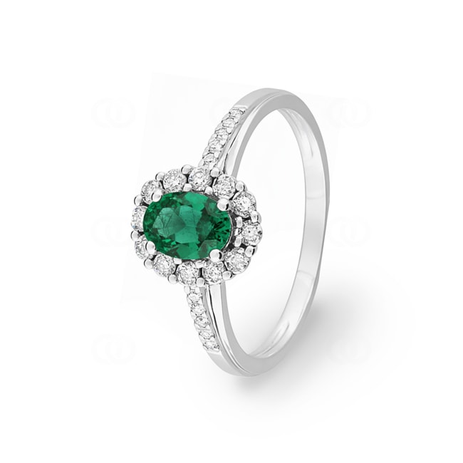 Halo Ring 750/18 K White Gold with Emerald and Diamonds 0.11ct. - KN003GEB4
