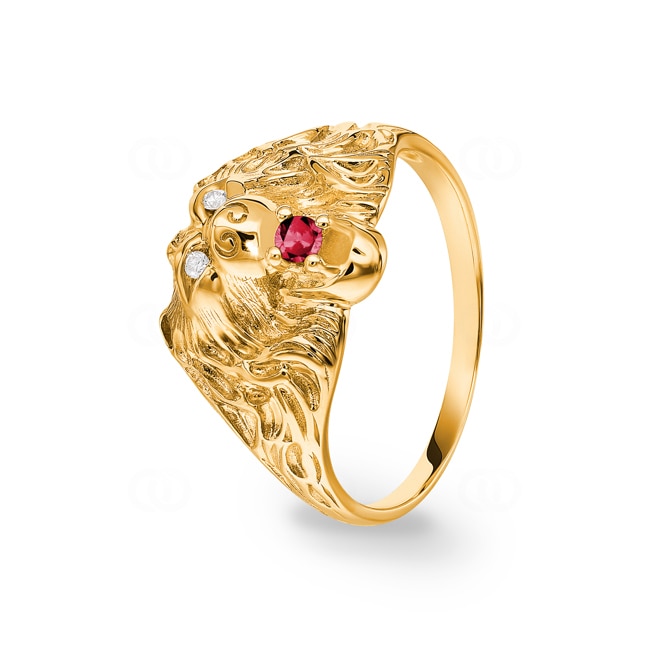 Herrenring 750/18 K Gelbgold mit Rubin und Diamanten 0.03 ct H/si, Löwe Herrenring 750/18 K Gelbgold mit Rubin und Diamanten 0.03 ct H/si, Löwe - PR11835-2-GG