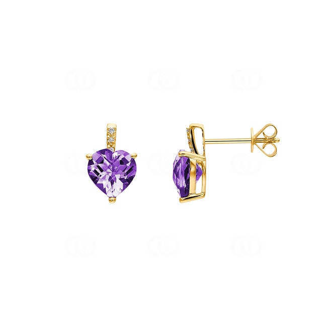 Heart Stud Earrings 750/18 K Yellow Gold with Amethyst and Diamonds 0.01 ct H/si - OR-52262A-AME-GG