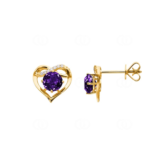 Herzohrstecker 750/18 K Gelbgold mit Amethyst rund und Diamanten 0.03 ct H/si - OR-71672-AME-GG