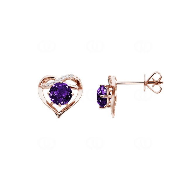 Herzohrstecker 750/18 K Roségold mit Amethyst rund und Diamanten 0.03 ct H/si - OR-71672-AME-RG