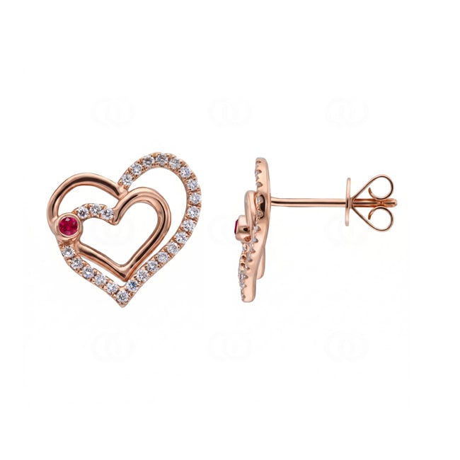 Herzohrstecker 750/18 K Roségold mit Rubinen & Diamanten 0.21 ct - OR-73801-RUB-RG
