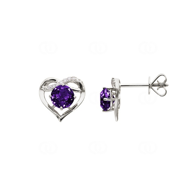 Heart Stud Earrings 750/18 K White Gold with round Amethyst and Diamonds 0.03 ct H/si - OR-71672-AME-WG