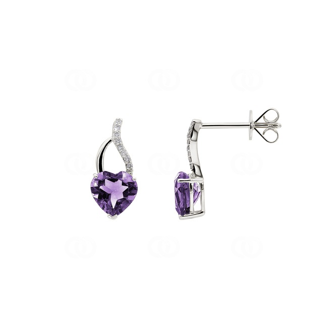 Heart Stud Earrings 750/18 K White Gold with Amethyst and Diamonds 0.04 ct H/si - OR-70303-AME-WG