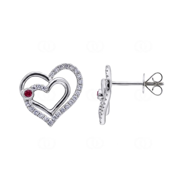 Herzohrstecker 750/18 K Weissgold mit Rubinen & Diamanten 0.21 ct - OR-73801-RUB-WG