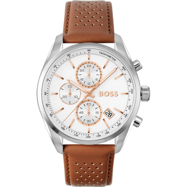 Hugo Boss Grand Prix Chronographe Cuir Brun / Blanc & Argenté   - 1514313