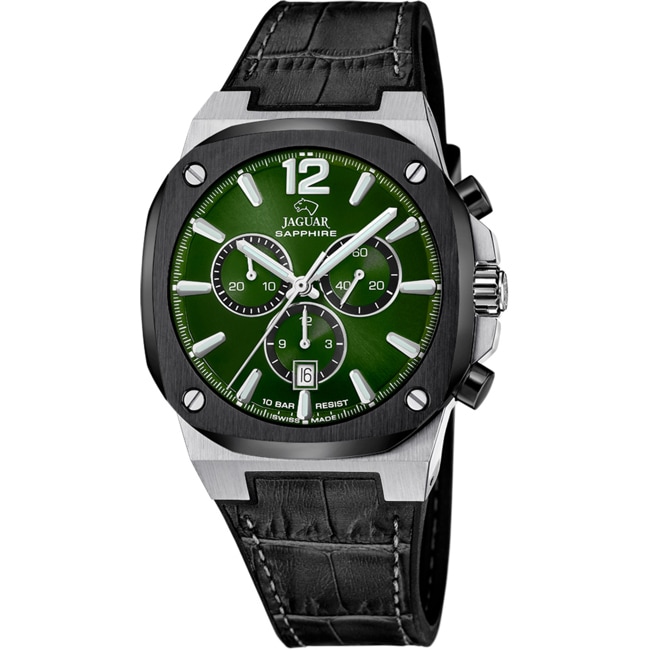 Chronographe Jaguar Rondcarre en cuir Noir / Argenté & Vert 43 mm - J1026/5