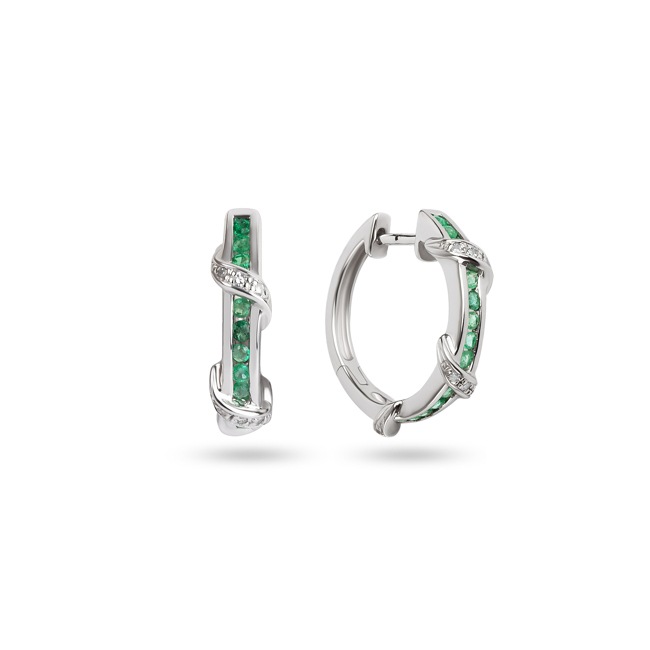 Hoop Earrings 750/18 K White Gold with Diamonds 0.07ct. H/si & Emeralds - PE3621/4