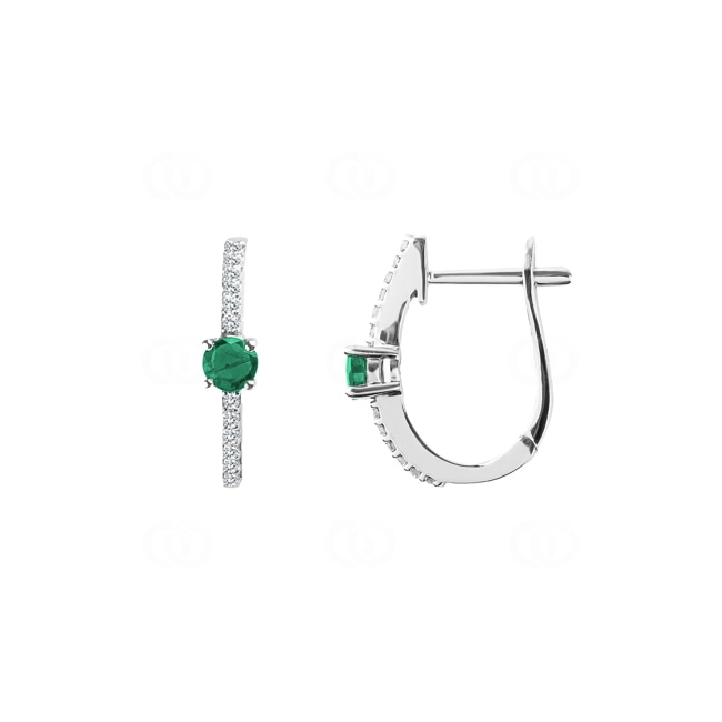 Kreolen 750/18 K Weissgold mit Smaragd rund und Diamanten 0.12 ct H/si - OR-46617-SMA-WG