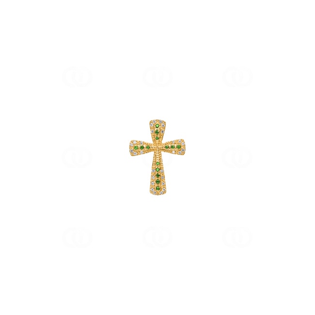 Cross Pendant 750/18 K Yellow Gold with green Garnets & Diamonds 0.08 ct H/si - AN-47189-TSA-GG