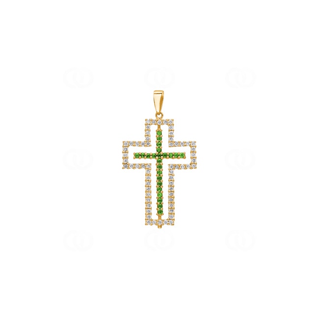Cross Pendant 750/18 K Yellow Gold with green Garnets & Diamonds 0.61 ct H/si - AN-26143-TSA-GG
