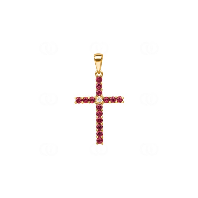 Pendentif croix or jaune 750/18 ct avec rubis & diamants 0.01ct H/si Pendentif croix or jaune 750/18 ct avec rubis & diamants 0.01ct H/si - AN-45149-RUB-GG